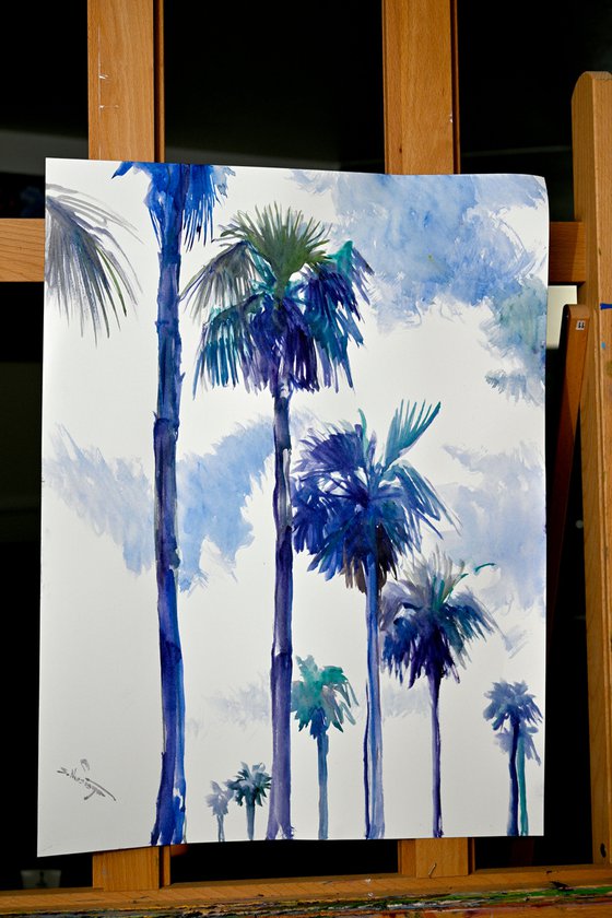 Palm Trees From California., Blue tropical BEach painting