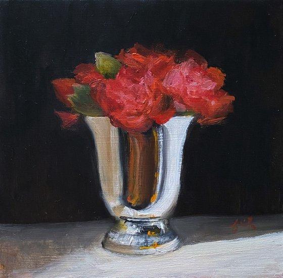 Original Oil Painting Still Life Red Flowers in Vintage Silver.