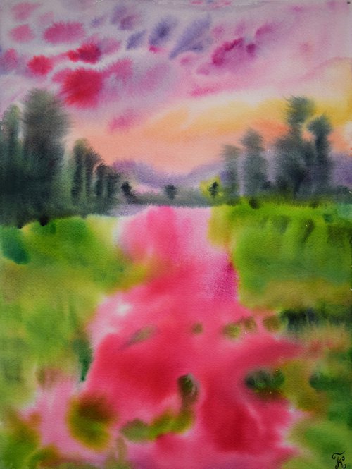 Sunset landscape painting, ORIGINAL watercolor painting, pink flowers wall art by Kate Grishakova