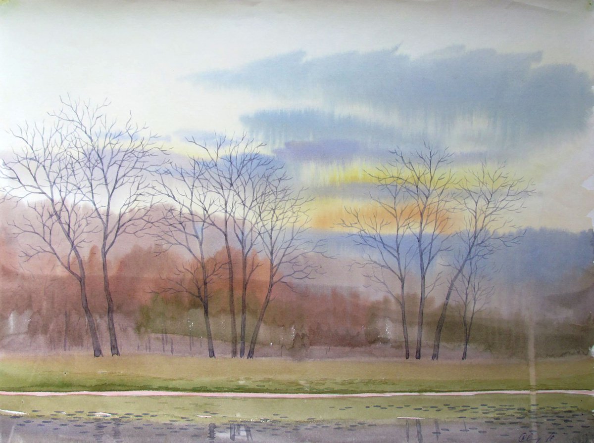 Impressionistic Landscape Watercolour By Valeriy Savenets-1, 16 X 12", March. The Snow Has Melted, Original Artwork