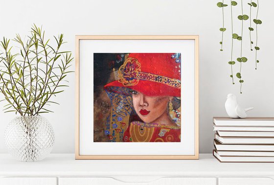 Monique, Woman Portrait Painting Original Girl in the Red Hat Wall Art Female Art Nouveau Style Artwork