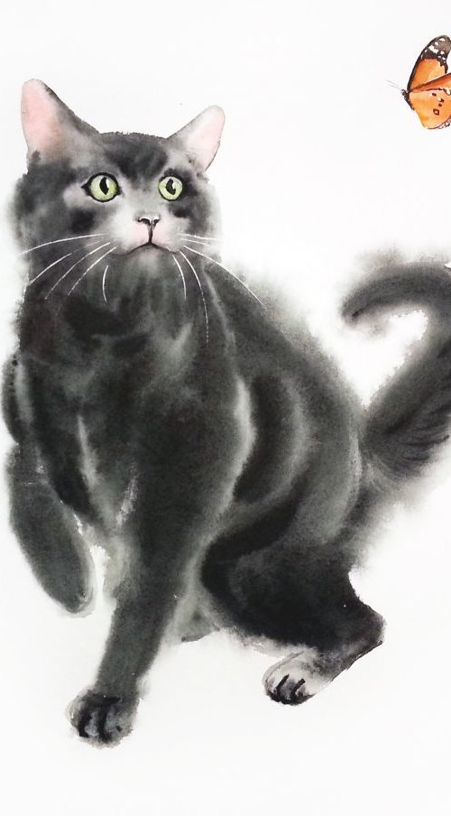 Black Cat Playing with Butterf by Olga Beliaeva Watercolour