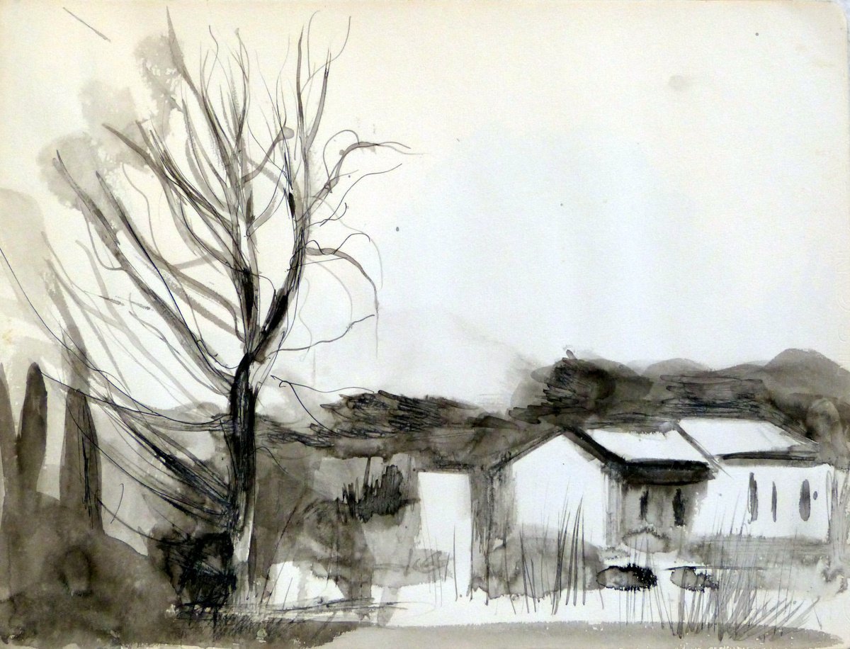 The Country Cottage 1, vintage drawing, 30x23 cm by Frederic Belaubre