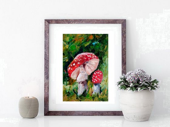 Mushrooms Painting Original Art Fly Agaric Artwork Mushroom Still Life Wall Art