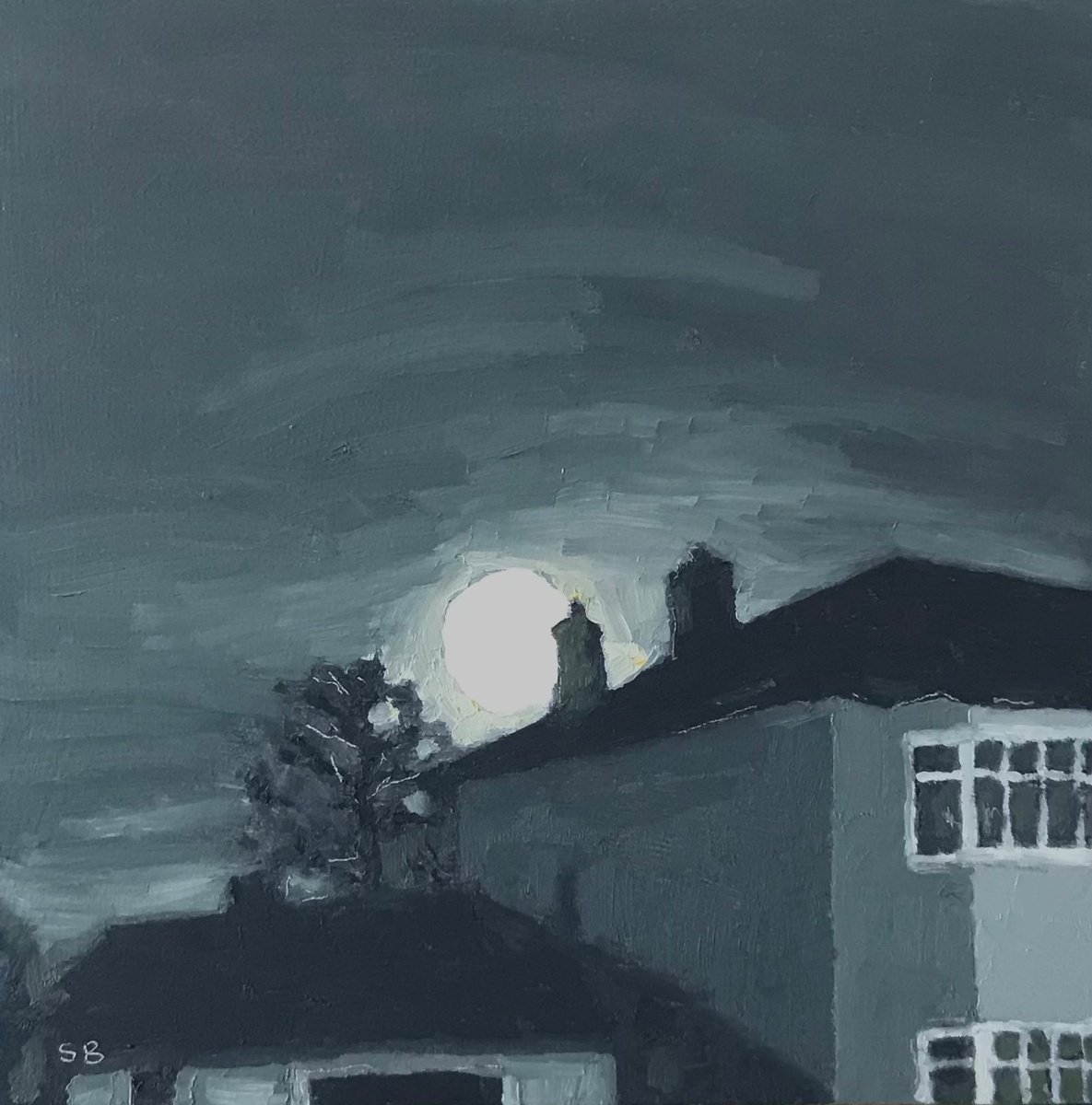 Impressionistic Cityscapes Oil Painting By Stephen Brook, 8 X 8", Full Moon., Original Artwork