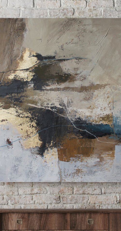 "Flight 2" Beige brown gold abstract art by Yana Sagan