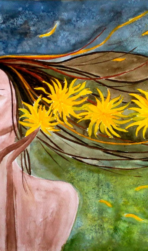 Woman Painting Portrait Original Art Chrysanthemums Watercolor Abstract Female Portrait Artwork Girl Home Wall Art 20 by 14" by Halyna Kirichenko by Halyna Kirichenko