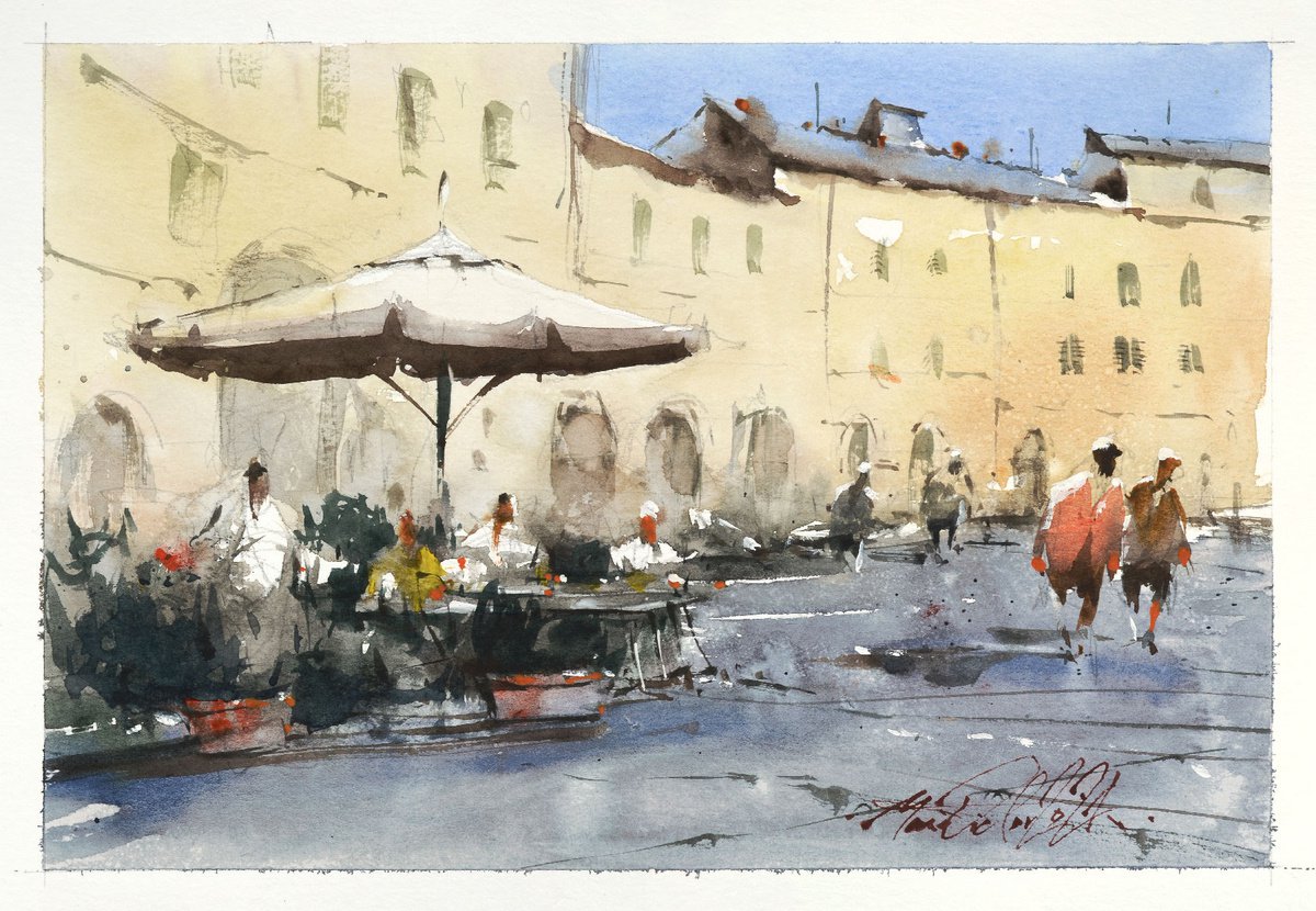 Urban cityscape watercolor painting of Lucca. by Marin Victor