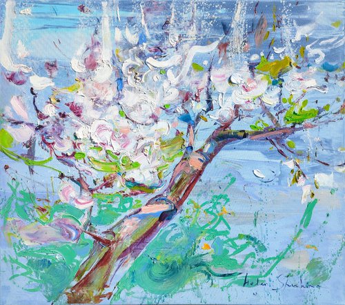 Apple tree blossoms . 70x80 cm. Large spring impressionistic oil painting . by Helen Shukina
