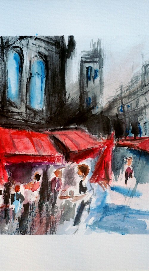 Paris Street Cafe Watercolor by Ruslana Levandovska