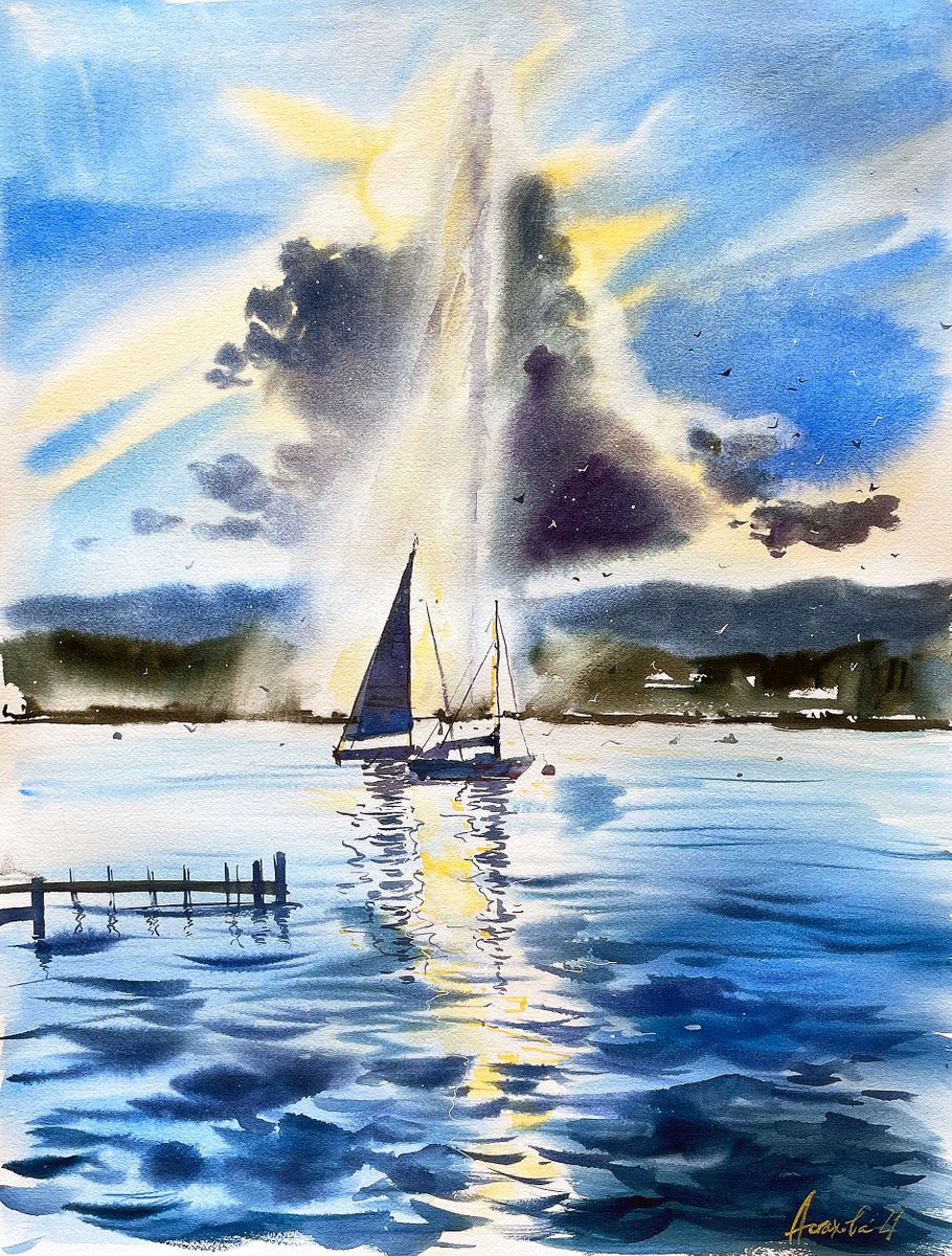 Impressionistic Landscape Watercolour By Ksenia Astakhova, 20 X 26", Sunset In Geneva, Original Artwork