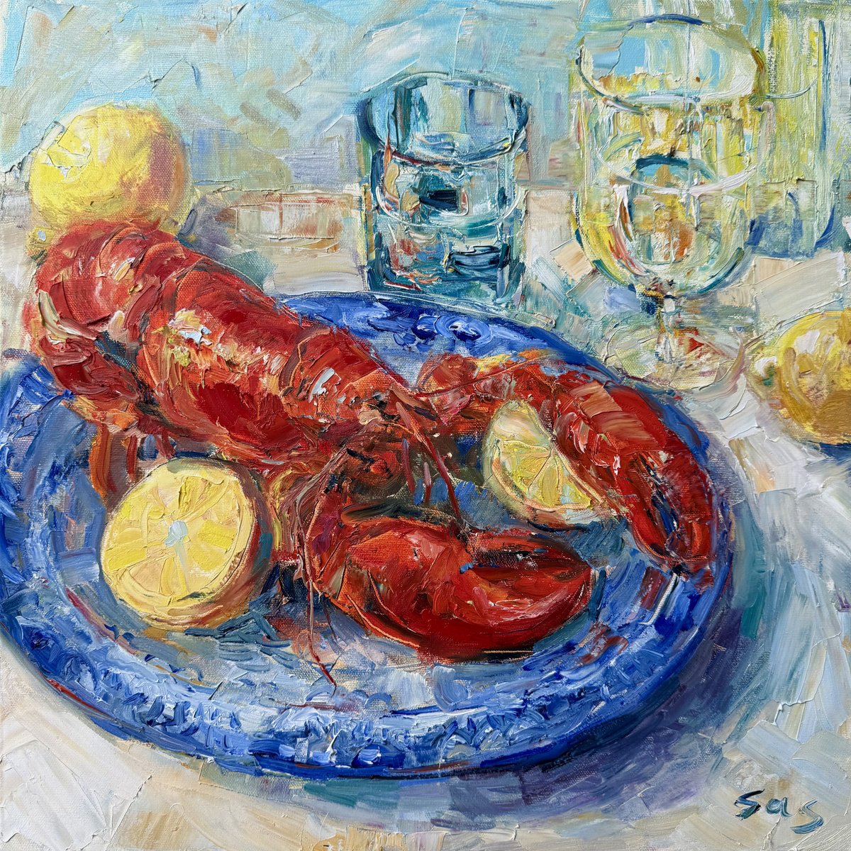 Impressionistic Still Life Oil Painting By Liubou Sas, 20 X 20", Still Life With Lobster, Original Artwork
