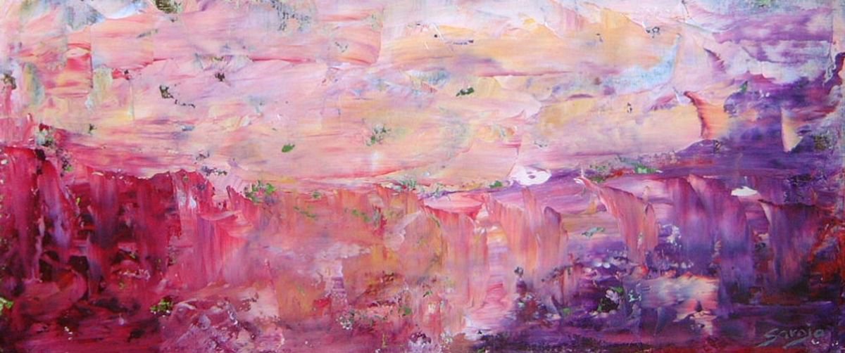 Abstract Landscape Oil Painting By Saroja Van Der Stegen, 20 X 9", Purple (Ref#:593-Op), Original Artwork