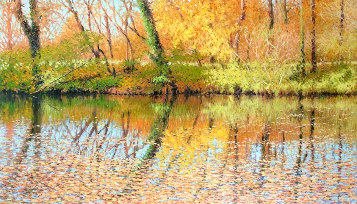 Impressionistic Landscape Oil Painting By Richard Mierniczak, 55 X 31", Pond At Golf Course, Original Artwork