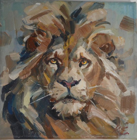 Lion head small oil painting