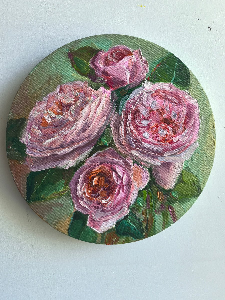 Impressionistic Botanical Oil Painting By Leyla Demir, 8 X 8", Pink Roses, Original Artwork