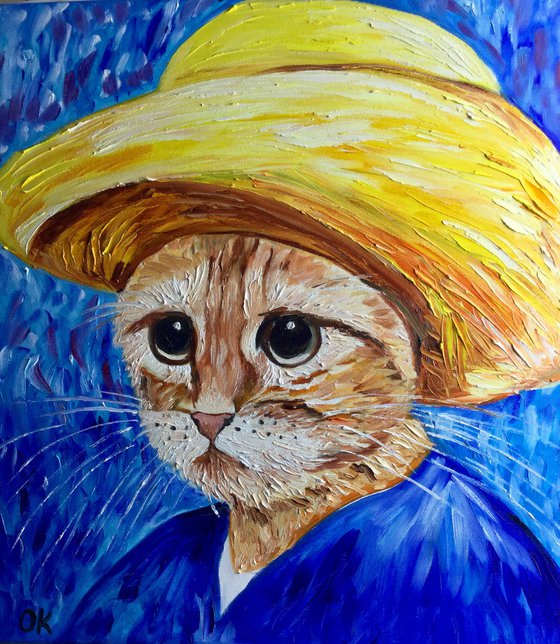 Cat La Van Gogh in a straw hat modern oil painting feline art Van Gogh influence art for animal lovers