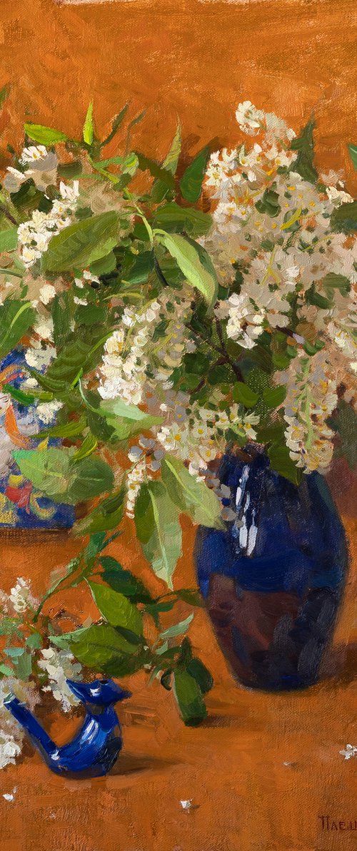 Bird cherry in a blue vase by Alexey Pleshkov