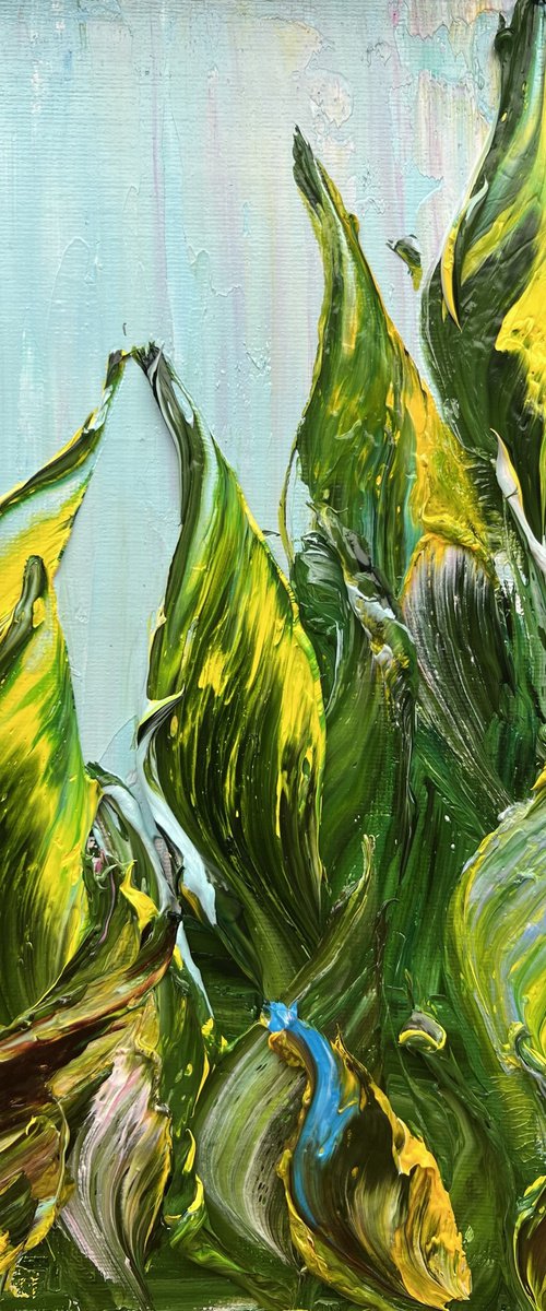 GREEN LEAVES - Small Art. Mini Art.  Impasto Original Art by Marina Skromova