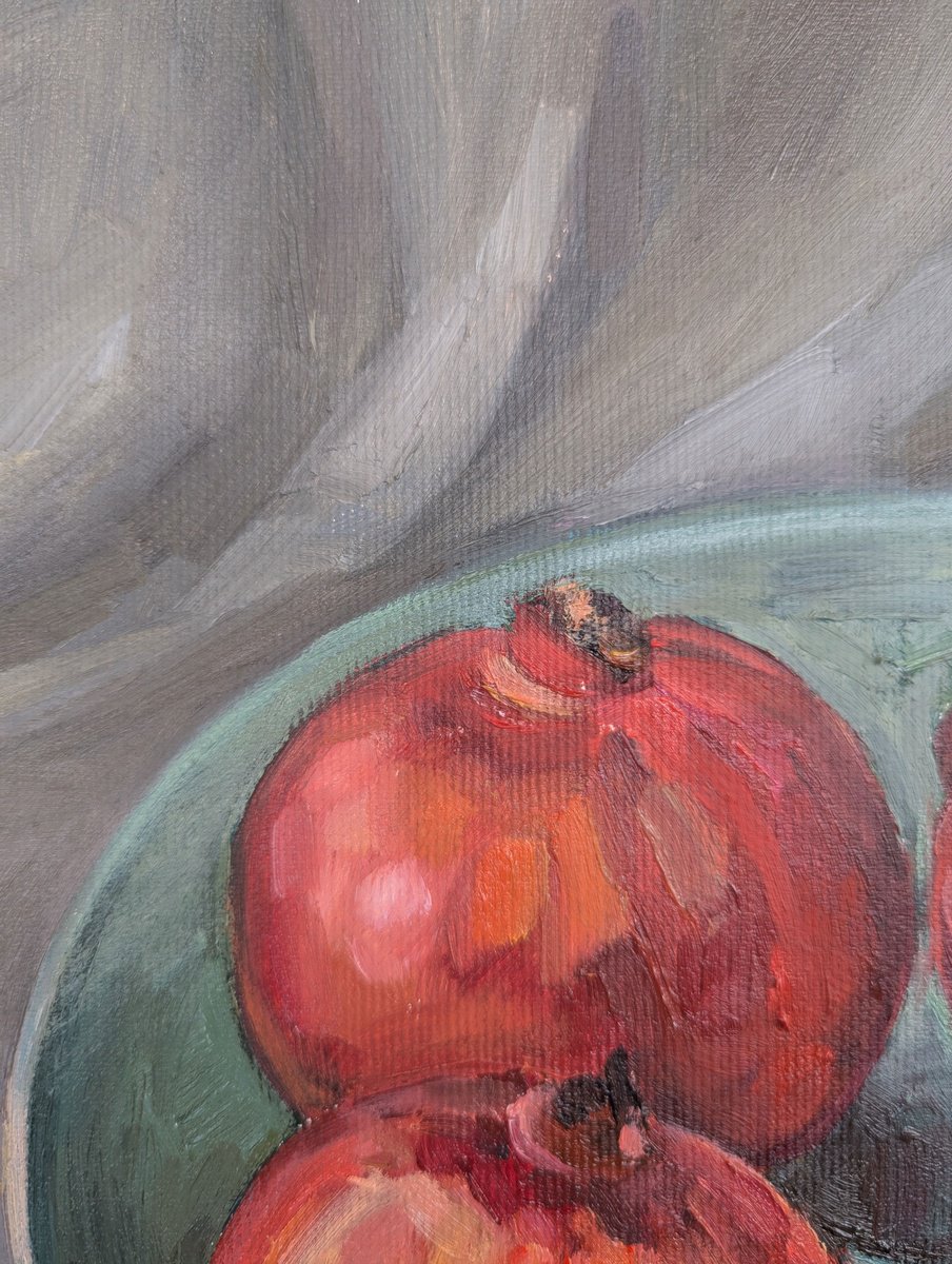 Botanical Oil Painting By Ilona Sedneva, 16 X 16, Pomegranates In Turquoise Bowl, Original Artwork