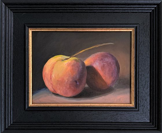 Peaches oil painting classic still life  framed ready to hang.