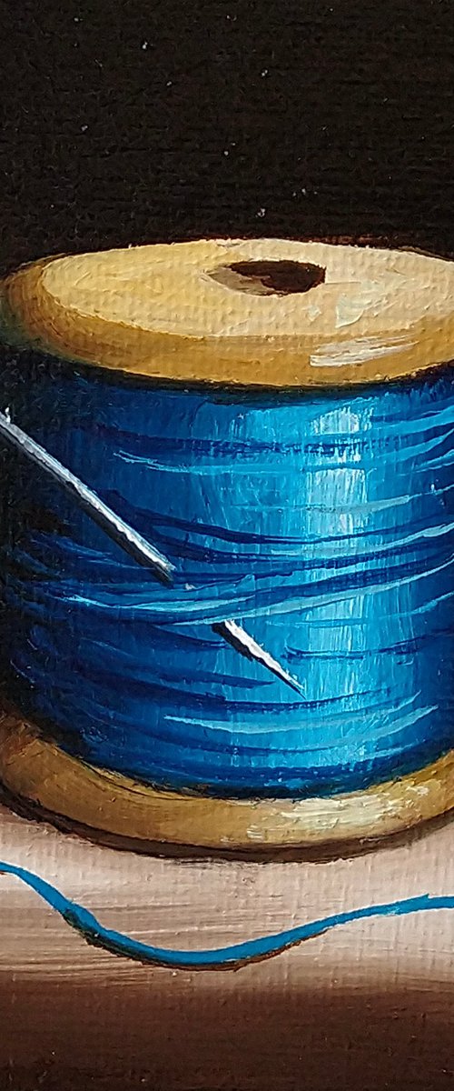 Little Blue needle and thread still life by Jane Palmer Art