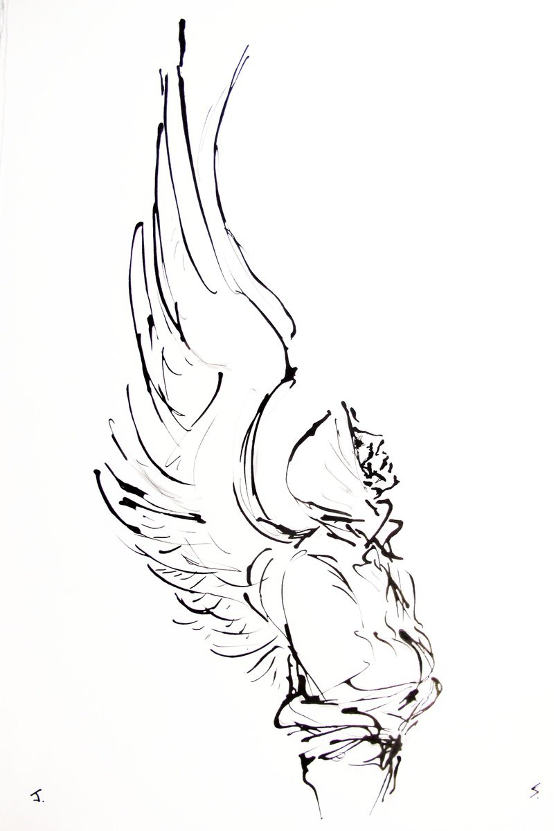 Surrealistic Portrait Ink Drawing By John Sharp, 16 X 23, Angel Hood 2, Original Artwork