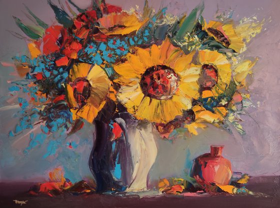 Still life - Sunflowers(60x80cm, oil painting,  ready to hang)