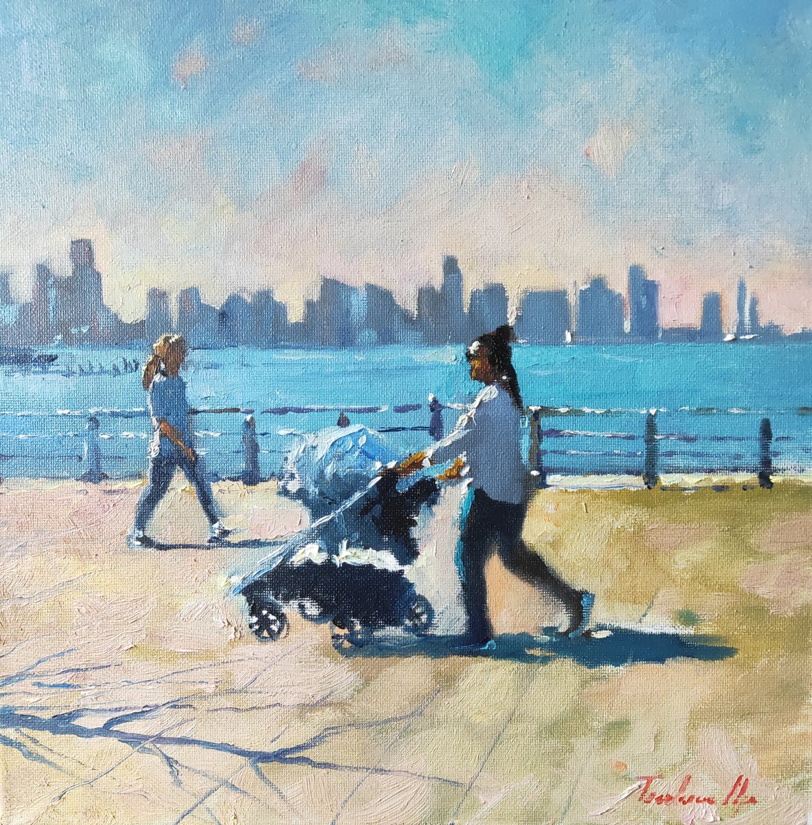 Manhattan Beach Painting New York Original Art Hudson River Park Painting 30A�30A�4cm by Ol... by Olga Tsarkova