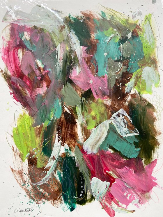 Pink and Aqua Flowers acrylic on paper