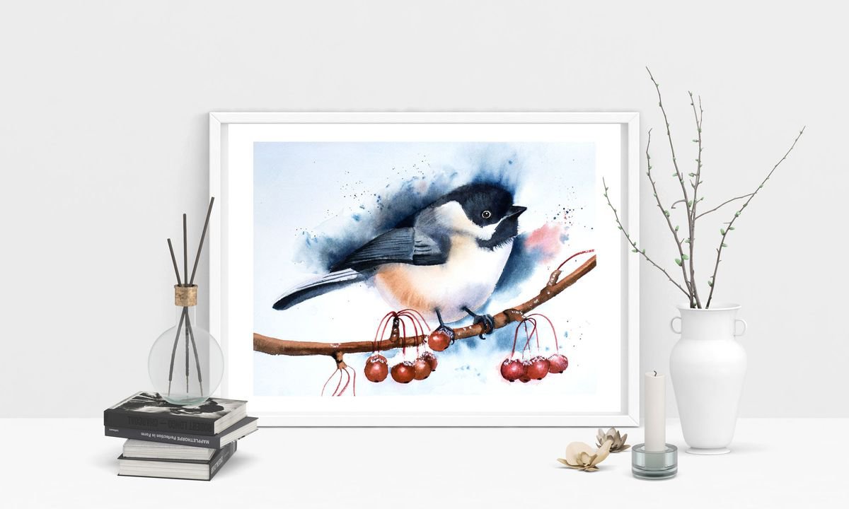 Chickadee bird Original Watercolor by Olga Shefranov (Tchefranova)