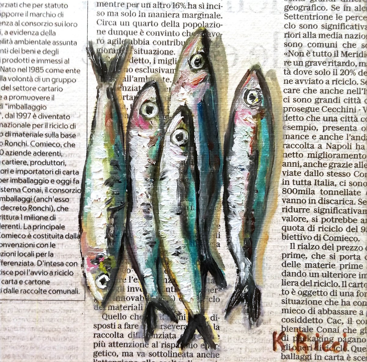 Small Fishes on Newspaper Original Oil on Canvas Board Painting 6 by 6 inches (15x15 cm) by Katia Ricci