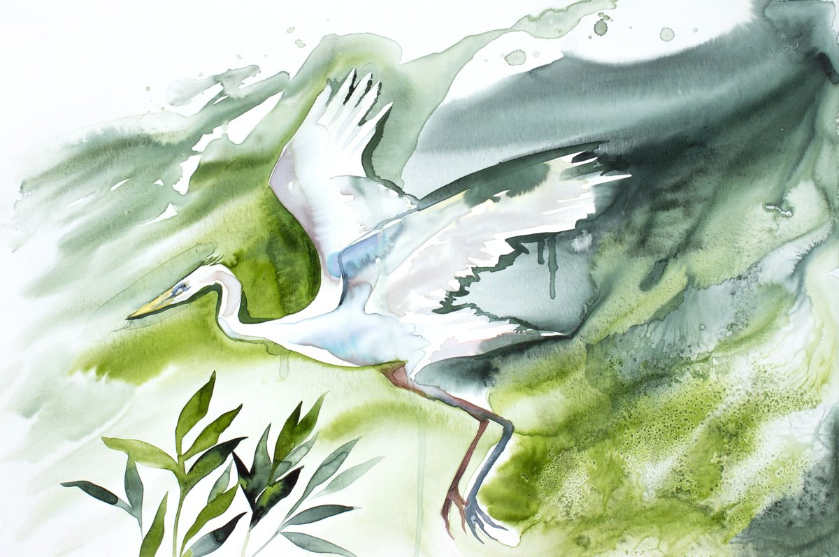Expressive Animal Watercolour By Elizabeth Becker, 38 X 26, Egret In Flight, Original Artwork