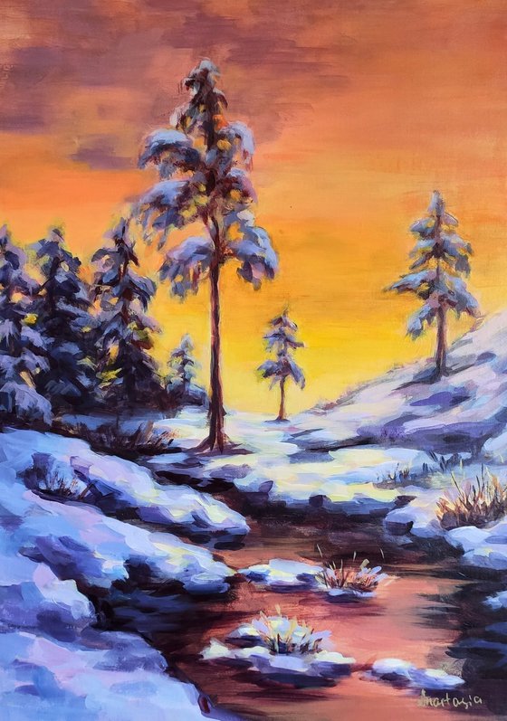 Winter sunset Landscape with trees under snow