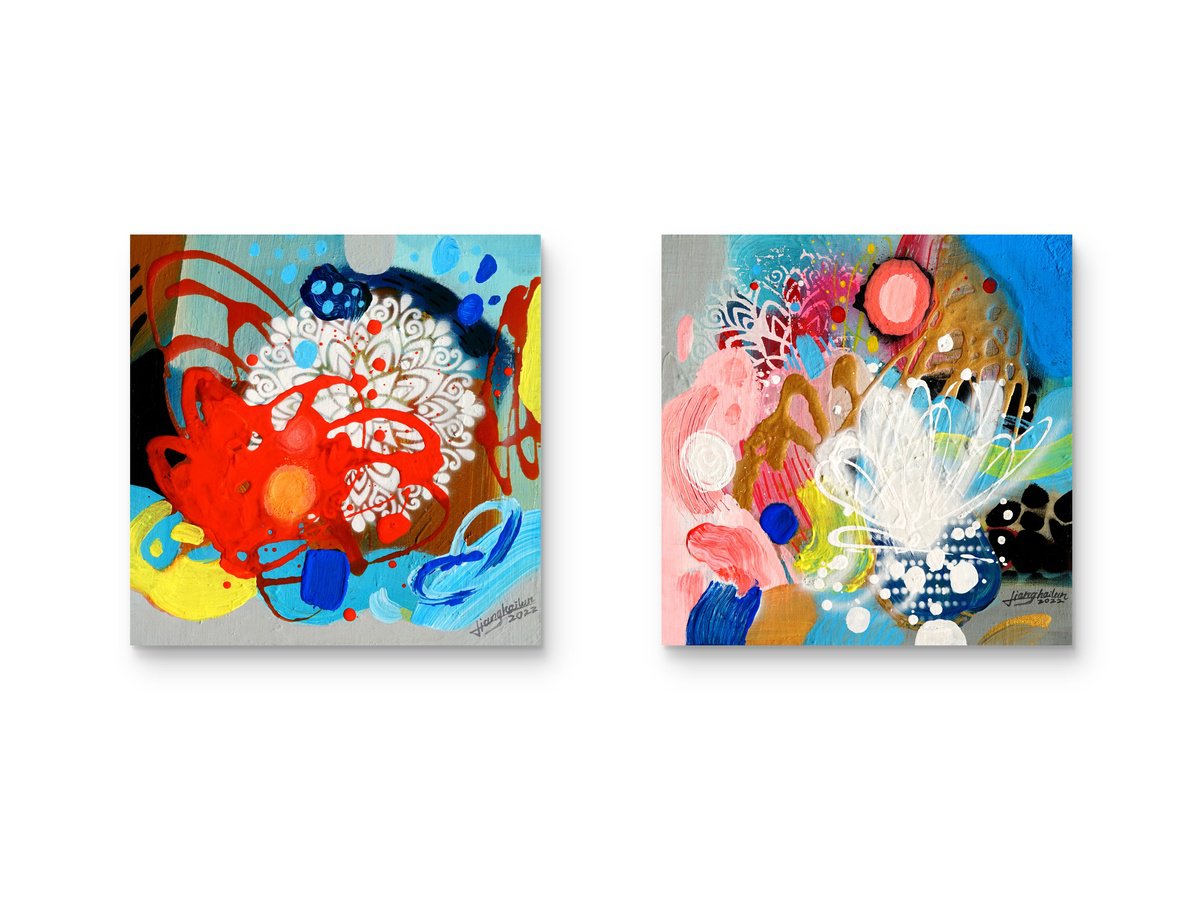 Abstract Acrylic Painting By Liang Hailun, 24 X 12", La Saison Joyeuse N°1 / N°2, Original Artwork