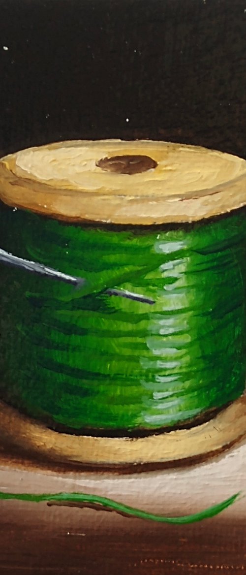 Little Green cotton reel  still life by Jane Palmer Art