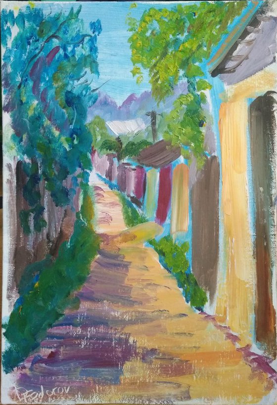 Sunny Street in the Village Plein Air Oil Painting
