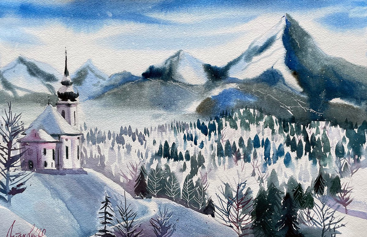 Impressionistic Landscape Watercolour By Ksenia Astakhova, 18 X 12", Maria Gern Church, Original Artwork