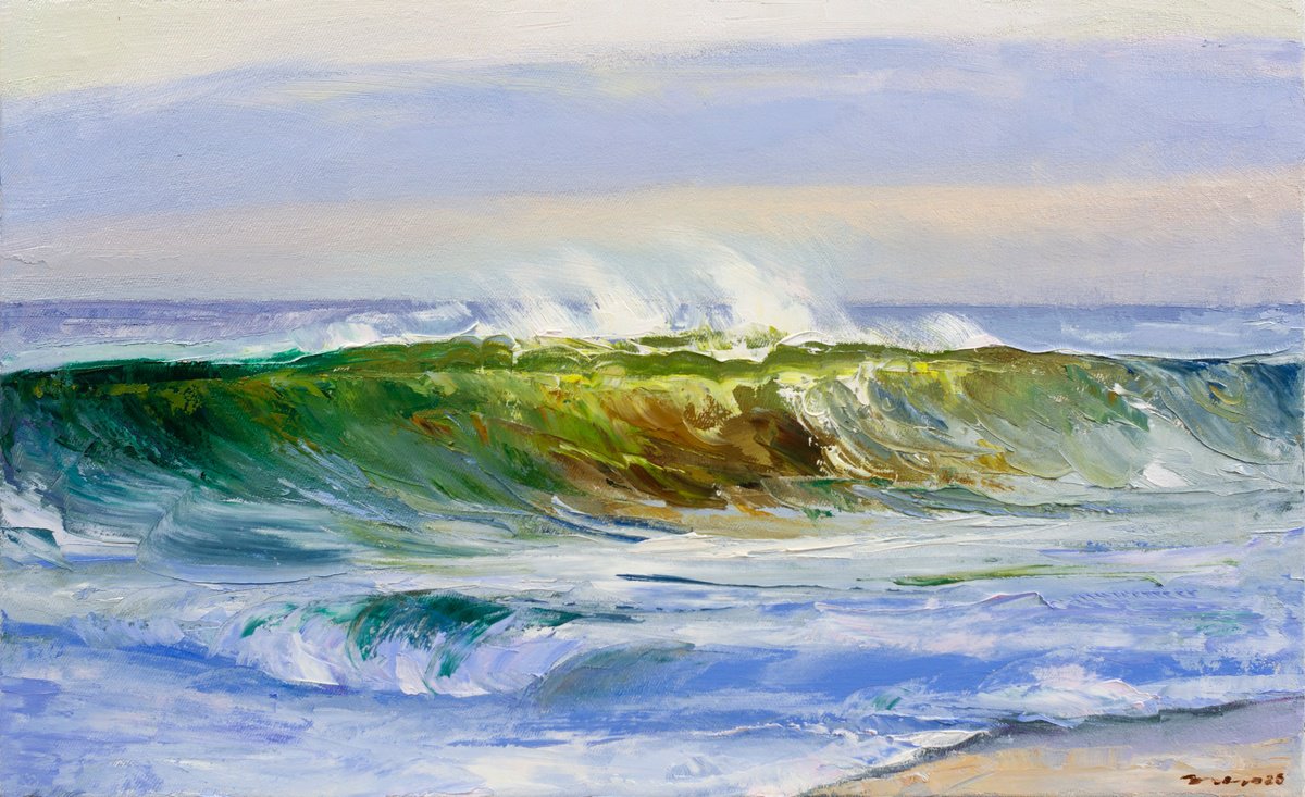 Expressive Landscape Oil Painting By Edel Alonso Bello, 17 X 10, Crystal Wave, Original Artwork