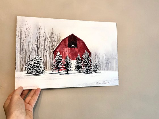 Red barn winter scene