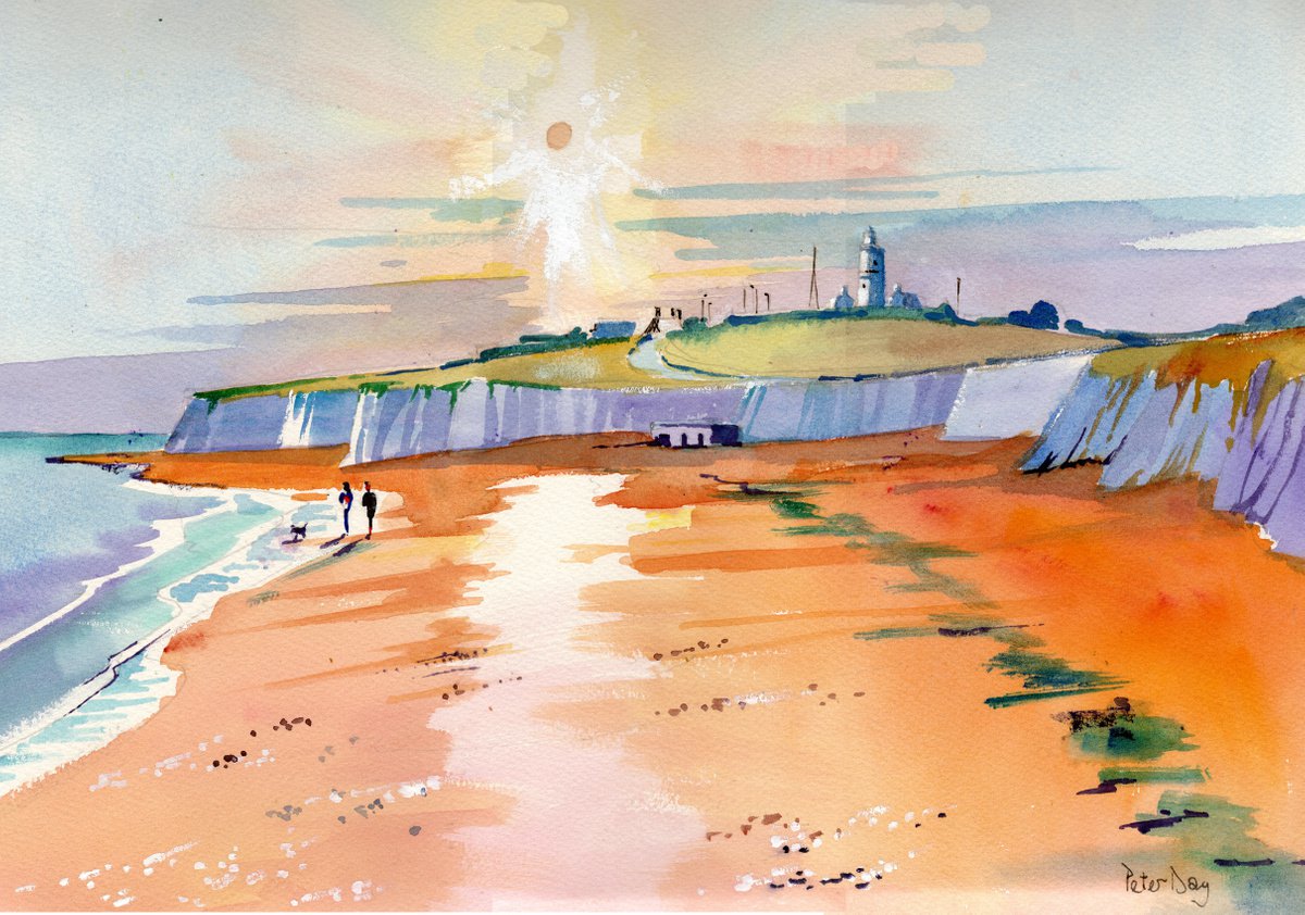 A Stroll along the Beach. Joss Bay, North Foreland Lighthouse, Broadstairs Watercolour by Peter