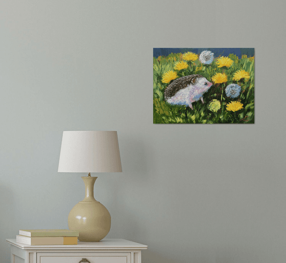 Hedgehog in dandelions