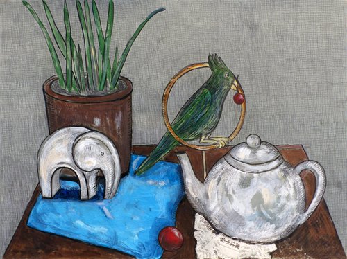 Still life with an elephant and a green parrot by Elizabeth Vlasova
