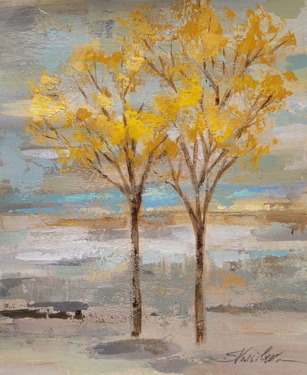 Impressionistic Landscape Acrylic Painting By Silvia Vassileva, 16 X 20", Golden Tree And Fog Ii, Original Artwork