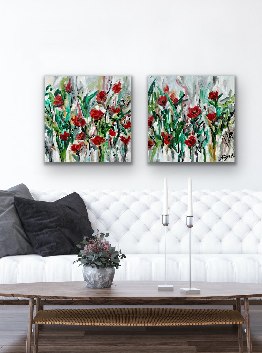 Crimson Red Spring Blooms - Diptych by Pooja Verma