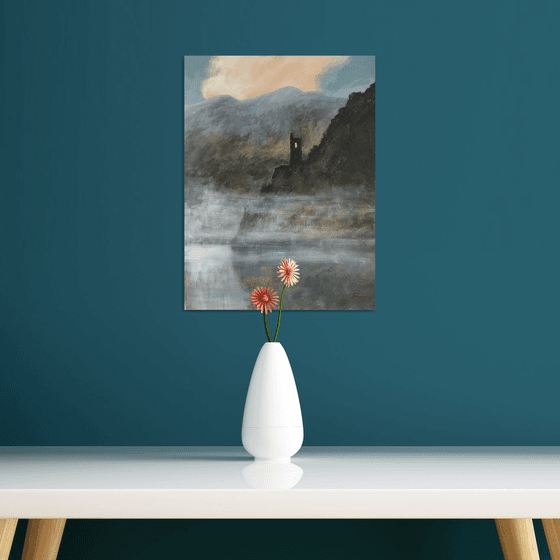 Castle in the Mist. Semi abstract classical landscape on canvas 40x30cm.