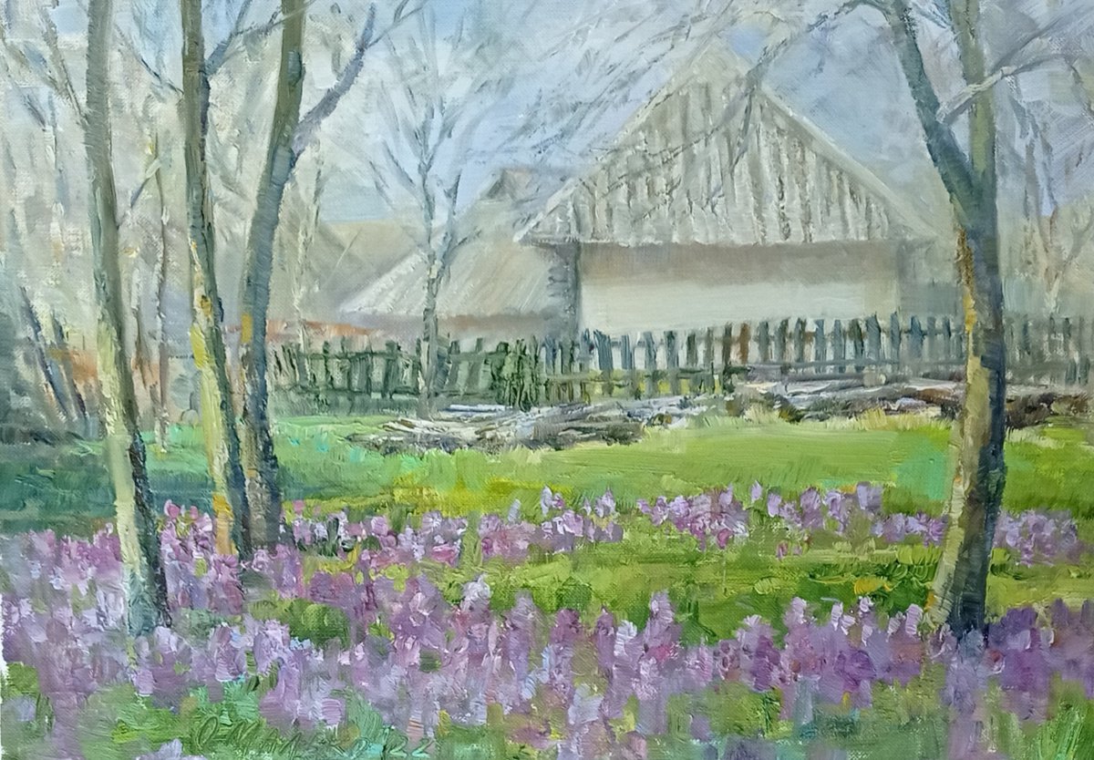 Spring flowers at an old yard / Original picture Plain air painting Oil on paper Ukrainian... by Olha Malko