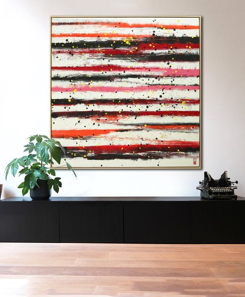 Incl Frame - XL Painting - Red Line Pictures - 125x125cm - Ronald Hunter - 30F by Ronald Hunter