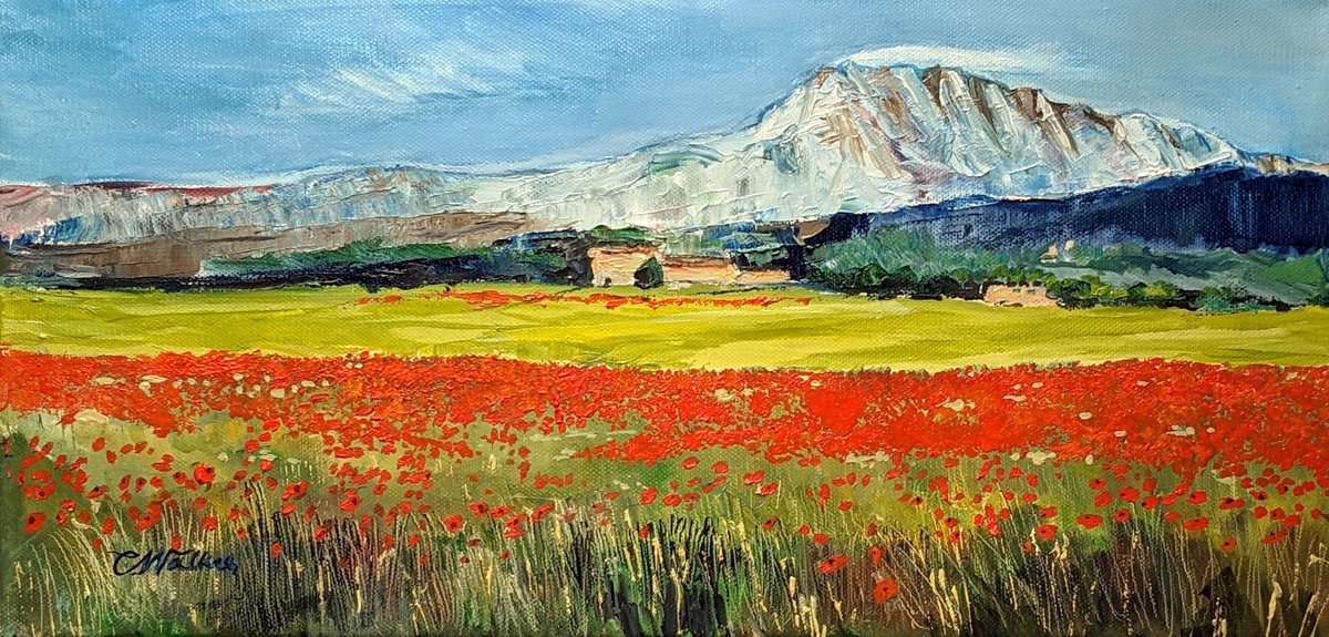 Impressionistic Landscape Oil Painting By Chris Walker, 16 X 8, Temps De Coquelicot, Original Artwork