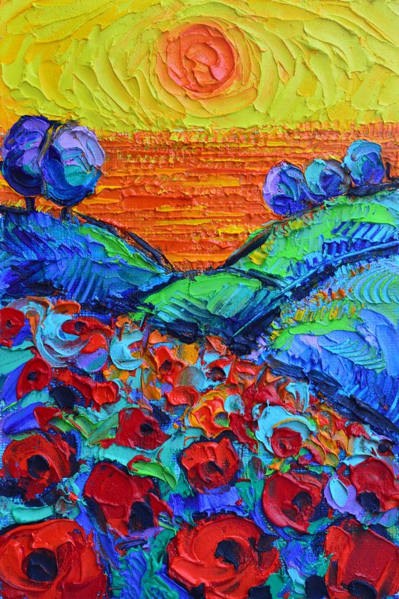POPPIES HILLS BY THE SEA AT SUNSET abstract landscape textural impressionist impasto palette knife oil painting by Ana Maria Edulescu